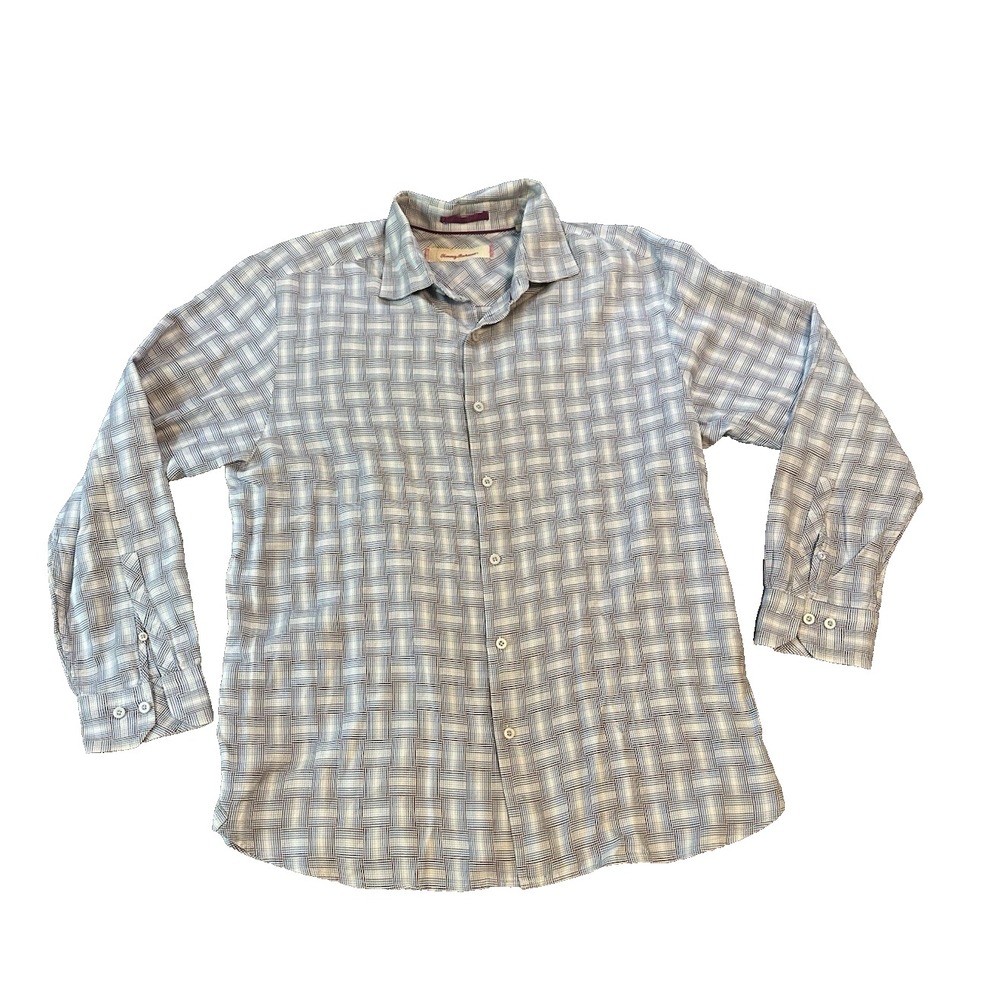 Tommy Bahama Cotton Silk Mens Shirt L Blue Plaid Windowpane Check Preppy Casual